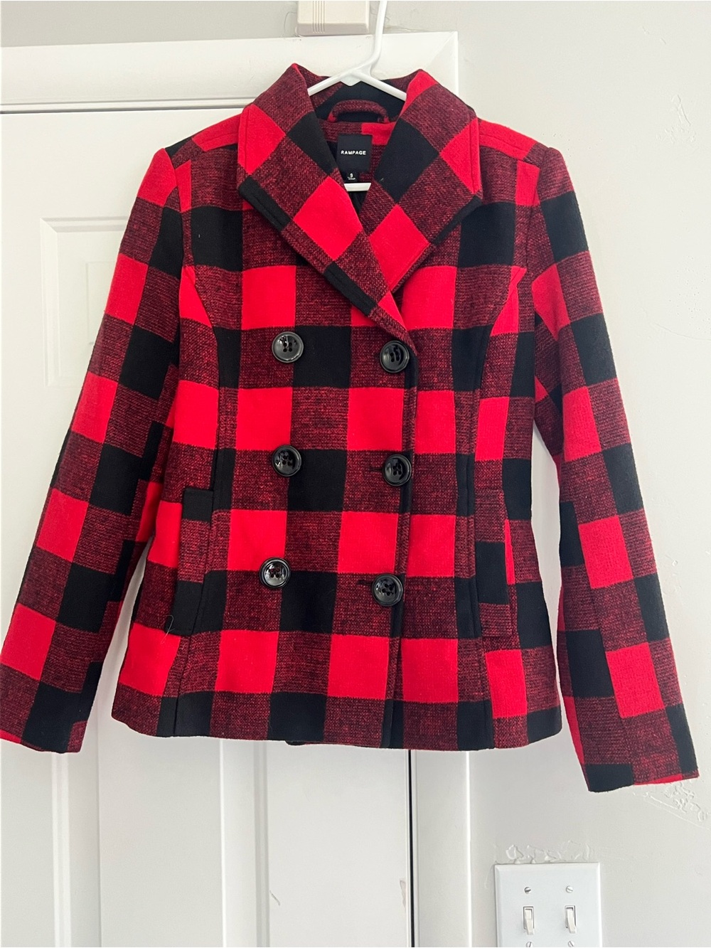 Rampage Red & Black Buffalo Plaid Double-Breasted Peacoat